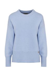 Ochnik - Błękitny sweter damski. Kolor: niebieski. Materiał: wiskoza. Długość: długie. Wzór: aplikacja