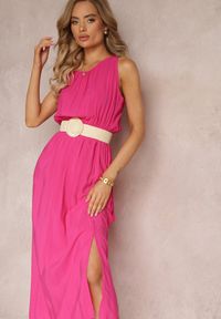 Renee - Fuksjowa Wiskozowa Sukienka z Gumką w Talii Na Ramiączkach Suzias. Kolor: różowy. Materiał: wiskoza. Długość rękawa: na ramiączkach. Wzór: gładki #5