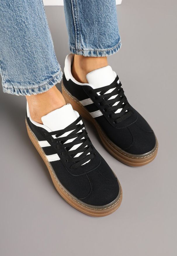 Born2be - Czarne Sneakersy na Grubej Podeszwie z Ozdobnym Wzorem Felimala. Okazja: na co dzień. Kolor: czarny. Materiał: jeans