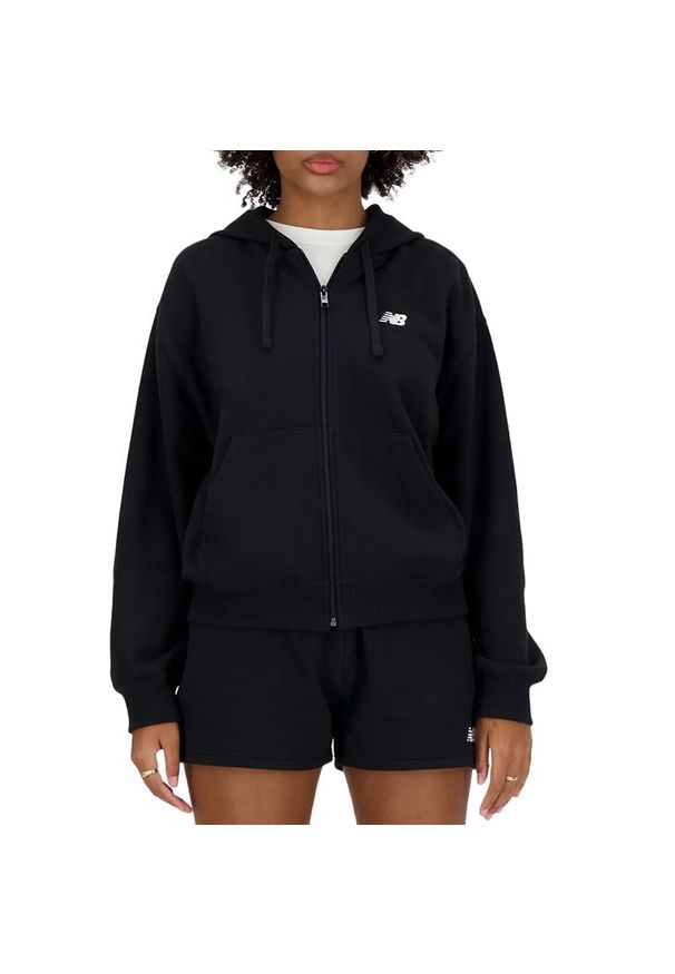 Bluza damska New Balance WJ41501BK - czarna. Typ kołnierza: kaptur. Kolor: czarny. Materiał: bawełna, poliester, materiał, prążkowany. Wzór: ze splotem. Styl: sportowy, elegancki