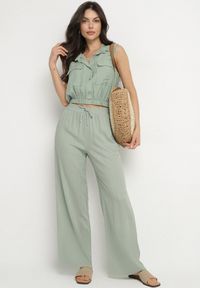 Born2be - Zielone Szerokie Spodnie z Lnem z Gumką w Talii i Kieszeniami Filisela. Okazja: na co dzień, do pracy. Kolor: zielony. Materiał: len. Styl: elegancki, casual #6