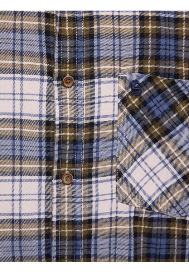 Big-Star - Koszula męska flanelowa w kratę niebiesko-beżowa Koner 401. Typ kołnierza: kołnierzyk klasyczny. Kolor: niebieski. Materiał: jeans, tkanina. Wzór: haft, aplikacja, kratka. Styl: klasyczny