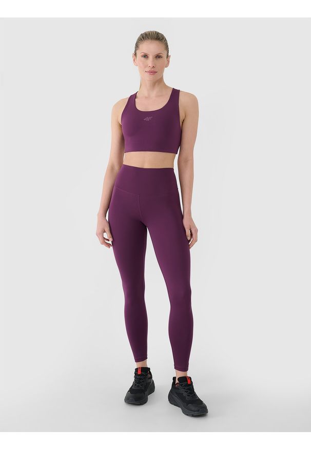 4f - 4F Legginsy treningowe z wysokim stanem damskie - fioletowy M. Stan: podwyższony. Kolor: fioletowy. Materiał: dzianina, poliester, materiał, włókno, elastan. Wzór: gładki, ze splotem, jednolity. Sport: fitness