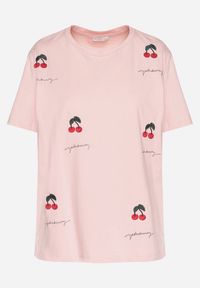 Born2be - Różowy Bawełniany T-shirt Zdobiony Haftem z Motywem w Wiśnie Nevianira. Okazja: na co dzień. Kolor: różowy. Materiał: bawełna. Wzór: aplikacja, haft. Styl: casual #6