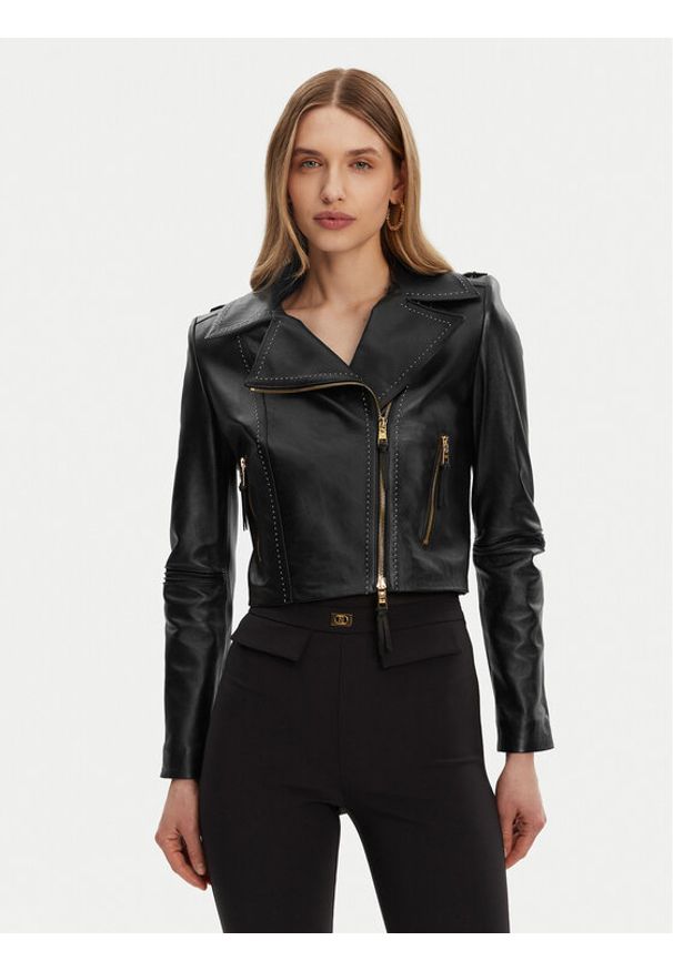 Elisabetta Franchi Kurtka skórzana GD-47Z-51E2-V1200 Czarny Regular Fit. Kolor: czarny. Materiał: skóra
