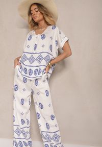 Renee - Niebiesko-Biały Komplet z Bawełny Spodnie o Szerokim Kroju i Koszula ze Wzorem Paisley Pavenn. Kolor: niebieski. Materiał: bawełna. Wzór: paisley #4