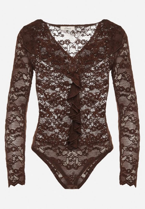 Born2be - Brązowe Koronkowe Body z Falbanką Vidane. Okazja: na co dzień. Kolor: brązowy. Materiał: koronka. Wzór: aplikacja. Styl: elegancki, casual, klasyczny