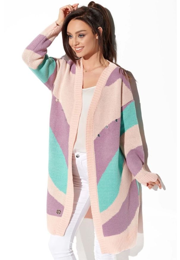 Sukienki.shop - Długi sweter bez zapięcia pastelowy w paski. Okazja: na co dzień. Materiał: jeans, materiał, akryl. Długość: długie. Wzór: paski. Sezon: lato. Styl: casual, elegancki