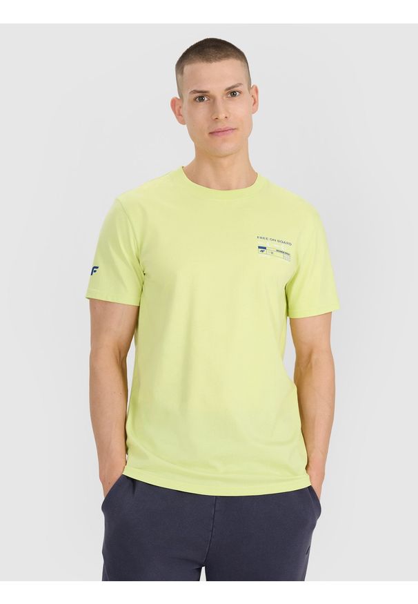 4f - 4F T-shirt regular z nadrukiem męski - zielony S. Okazja: na co dzień. Kolor: zielony. Materiał: tkanina, jersey, bawełna. Długość rękawa: krótki rękaw. Długość: krótkie. Wzór: nadruk. Styl: elegancki, casual, klasyczny, sportowy