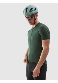 4f - Koszulka rowerowa rozpinana męska - zielona. Kolor: zielony. Materiał: dzianina, włókno, materiał, elastan, syntetyk. Długość rękawa: krótki rękaw. Długość: krótkie. Wzór: gładki, jednolity, ze splotem. Sport: kolarstwo