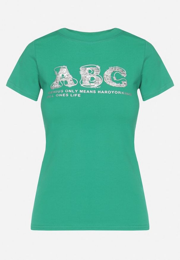 Born2be - Ciemnozielony T-shirt Bawełniany z Naszywką i Cekinami Olisaria. Okazja: na co dzień. Kolor: zielony. Materiał: bawełna. Wzór: aplikacja. Styl: klasyczny, casual