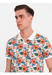 Ombre Clothing - Koszulka polo bawełniana z nadrukiem w kwiaty – biała V1 OM-POSS-0149 - XXL. Okazja: na co dzień. Typ kołnierza: polo. Kolor: biały. Materiał: bawełna. Wzór: kwiaty, nadruk. Sezon: lato. Styl: wakacyjny, elegancki, casual #6