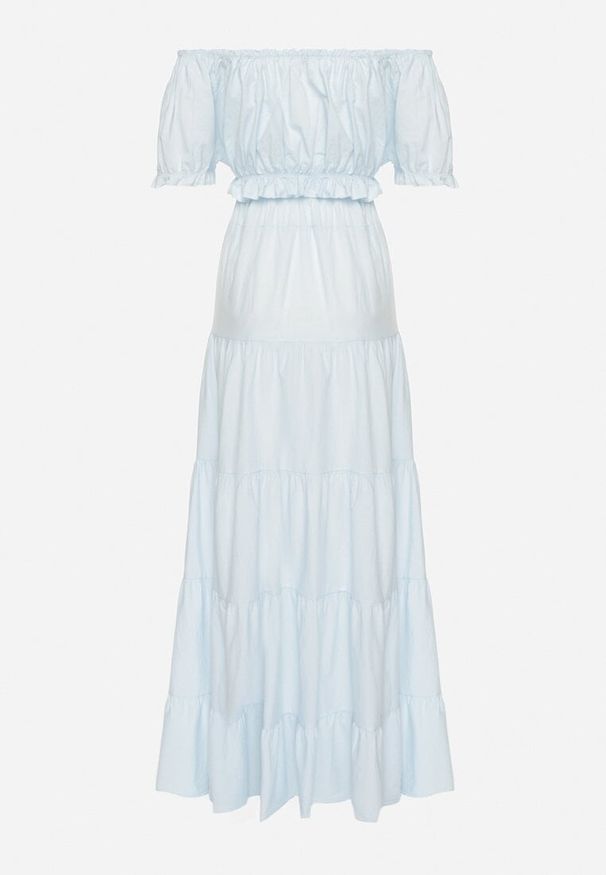 Born2be - Jasnoniebieski 2-częściowy Komplet z Wiskozy z Hiszpańskim Topem i Spódnicą Kinzley. Kolor: niebieski. Materiał: wiskoza. Wzór: aplikacja