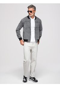 Ombre Clothing - Męska kurtka jeansowa bomberka z efektem stone wash – szara V1. Kolor: szary. Materiał: jeans. Styl: klasyczny, retro, sportowy #1