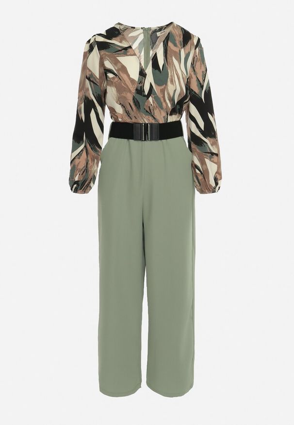 Born2be - Zielony Kombinezon z Kopertową Górą i Szerokimi Spodniami oraz Paskiem Elavina. Kolor: zielony