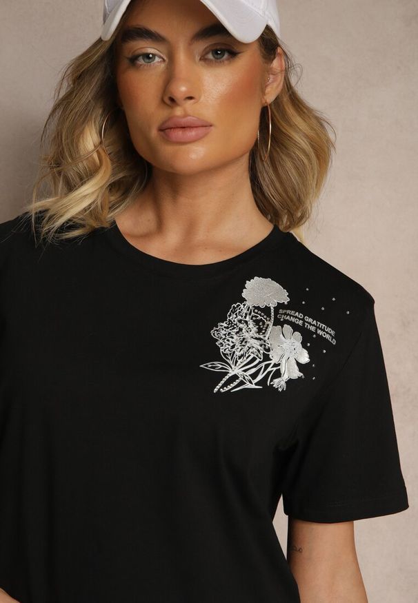 Renee - Czarny Bawełniany T-shirt z Ozdobnym Nadrukiem i Cyrkoniami Teomala. Kolor: czarny. Materiał: bawełna. Wzór: nadruk. Styl: klasyczny, elegancki