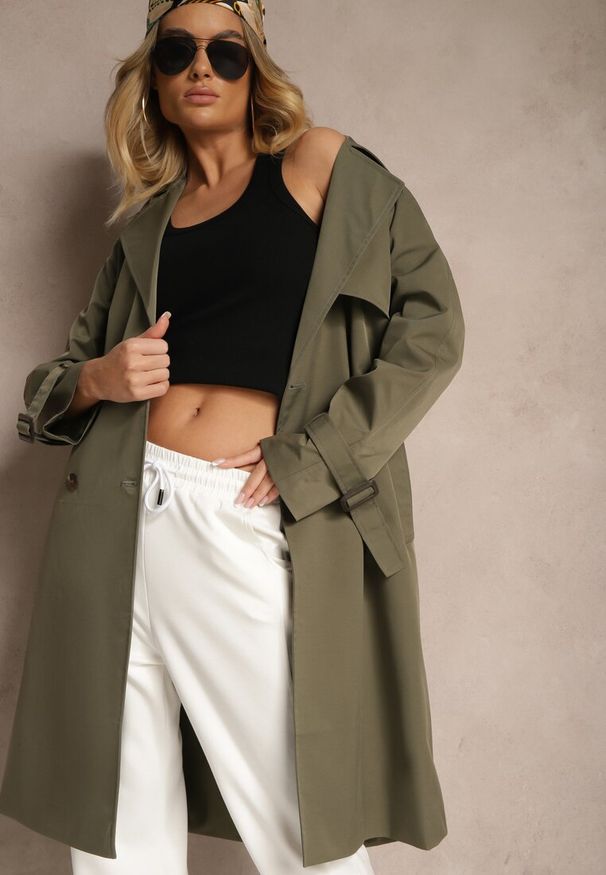 Renee - Zielony Dwurzędowy Płaszcz Trencz z Paskiem Ninnolia. Okazja: na spacer, do pracy. Kolor: zielony. Materiał: jeans. Wzór: aplikacja. Styl: elegancki, klasyczny