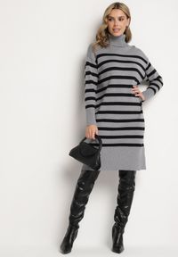 Born2be - Szaro-Czarna Sweterkowa Sukienka z Golfem Wiskozą i Modalem Ozdobiona Paskami Fesalttia. Okazja: na co dzień. Typ kołnierza: golf. Kolor: szary. Materiał: wiskoza. Długość rękawa: długi rękaw. Wzór: aplikacja. Typ sukienki: proste. Styl: casual, elegancki #2