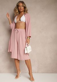 Renee - Różowe Spodnie Kuloty z Bawełną High Waist Azetia. Okazja: na co dzień. Stan: podwyższony. Kolor: różowy. Materiał: bawełna. Sezon: lato, wiosna. Styl: sportowy, elegancki, casual #5