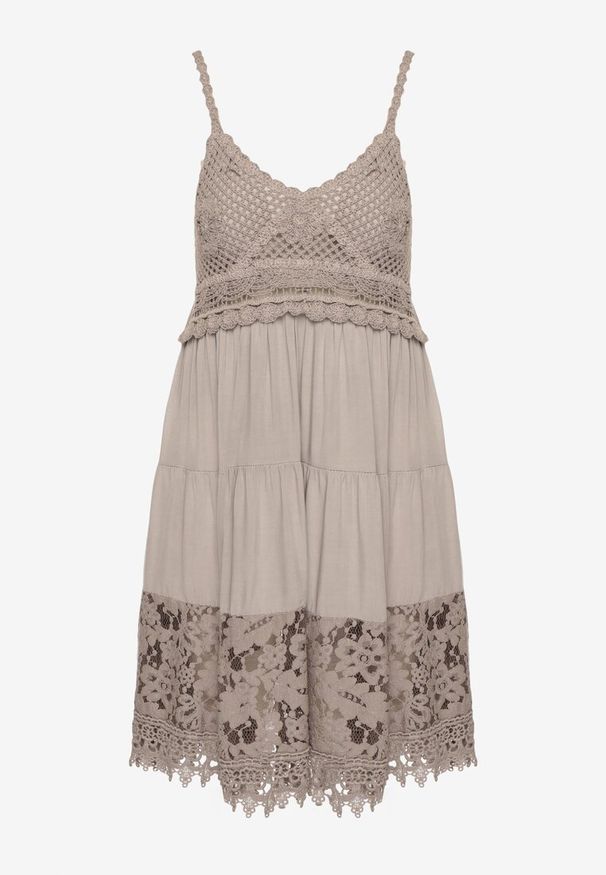 Born2be - Ciemnobeżowa Rozkloszowana Sukienka w Haftowany Wzór Mavironne. Okazja: na imprezę. Kolor: beżowy. Wzór: haft. Styl: elegancki