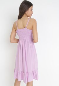 Born2be - Fioletowa Rozkloszowana Sukienka Midi na Ramiączkach z Falbanką z Wiskozy Margotla. Kolor: fioletowy. Materiał: wiskoza. Długość rękawa: na ramiączkach. Wzór: aplikacja. Typ sukienki: rozkloszowane. Długość: midi #5