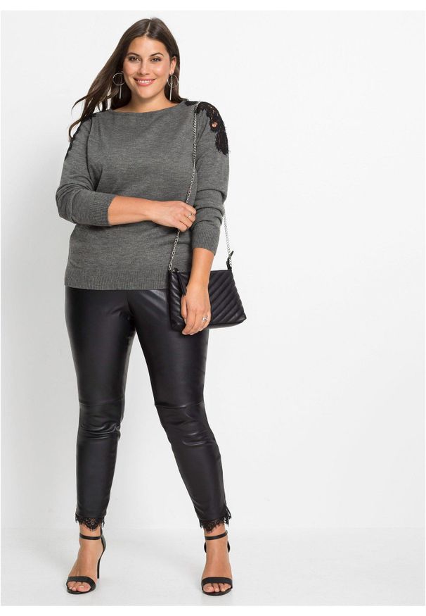 bonprix - Sweter z cienkiej dzianiny. Kolor: szary. Materiał: dzianina, koronka. Wzór: koronka