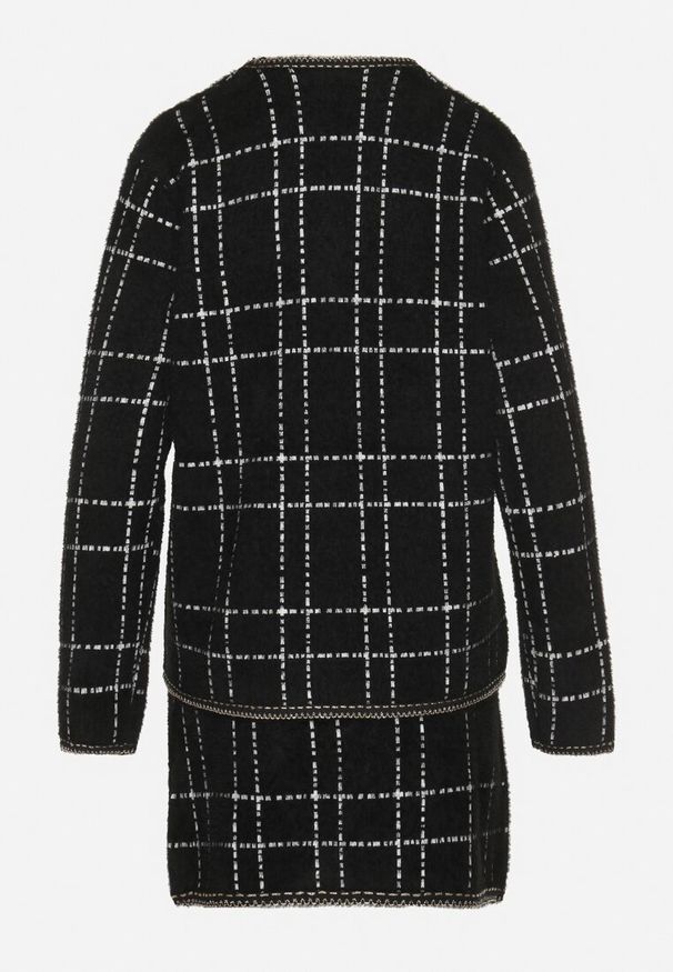 Born2be - Czarno-Biały Dzianinowy Komplet w Kratkę z Kardiganem i Spódnicą Ozdobiony Eleganckimi Guzikami Rairel. Kolor: czarny. Materiał: dzianina. Wzór: kratka, aplikacja