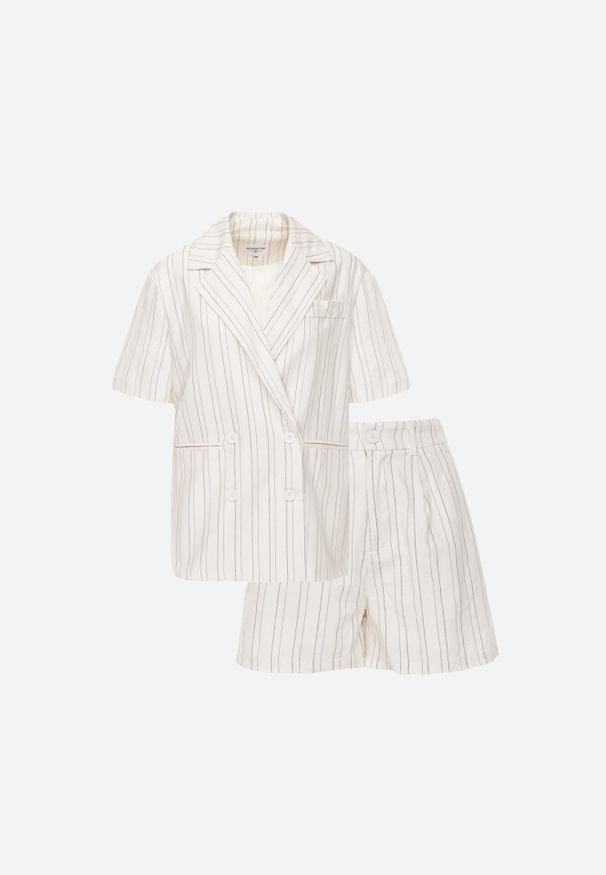 Born2be - Beżowy Komplet z Bawełną i Wiskozą Dwurzędowa Bluzka i Szorty w Paski Vervain. Kolor: beżowy. Materiał: wiskoza, bawełna. Wzór: paski