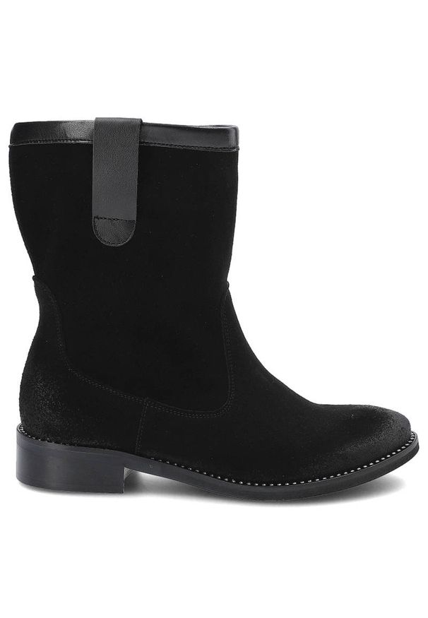 Czarne Botki Dwunasty Shoes Damskie Stylowe Buty. Okazja: na co dzień. Kolor: czarny. Materiał: zamsz, skóra. Szerokość cholewki: normalna. Obcas: na obcasie. Styl: elegancki. Wysokość obcasa: niski