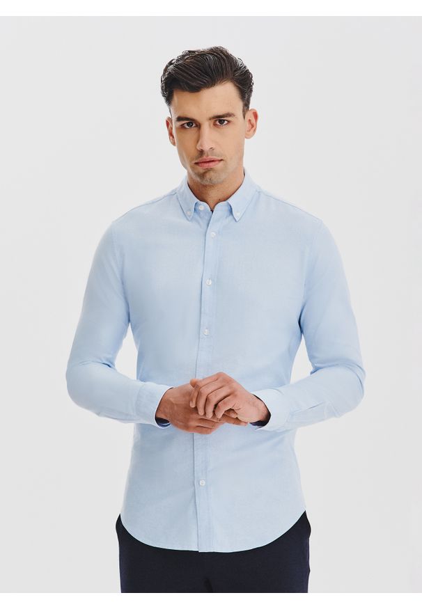 Pako Lorente - Niebieska koszula męska. Typ kołnierza: button down. Kolor: niebieski. Materiał: bawełna. Długość rękawa: długi rękaw. Długość: długie. Wzór: gładki