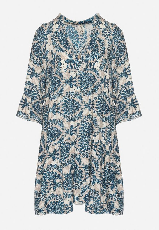 Born2be - Granatowo-Beżowa Rozkloszowana Sukienka z Bawełny z Falbanami w Ornamentalny Wzór Lanoreth. Okazja: na co dzień, na spacer. Typ kołnierza: dekolt w serek. Kolor: niebieski. Materiał: bawełna. Typ sukienki: rozkloszowane, proste. Styl: klasyczny, casual