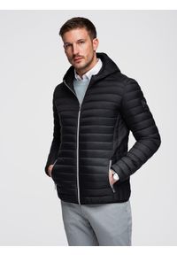 Ombre Clothing - Ultralekka męska kurtka z naturalnym puchem z możliwością schowania w worek – czarna V1 - Rozmiar: S. Kolor: czarny. Materiał: puch. Wzór: aplikacja. Styl: elegancki, sportowy #1