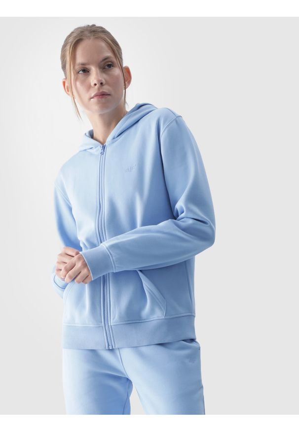 4f - 4F Bluza dresowa rozpinana z kapturem damska - granatowa XS. Okazja: na co dzień. Typ kołnierza: kaptur. Kolor: niebieski. Materiał: dresówka. Wzór: ze splotem, gładki. Styl: sportowy, casual