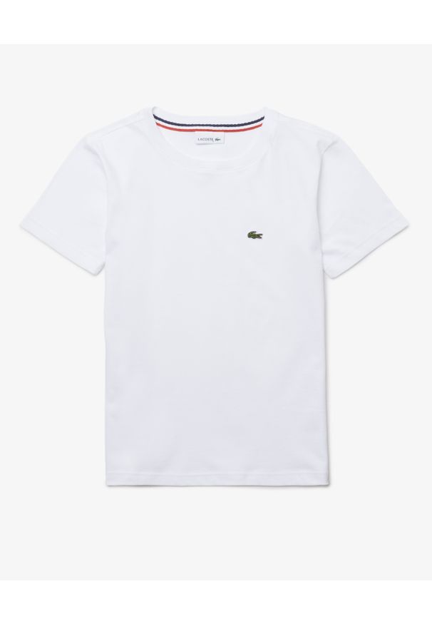 Lacoste - LACOSTE - Biała koszulka z logo. Kolor: biały. Materiał: jersey, bawełna, prążkowany