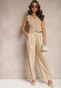 Renee - Beżowe Szerokie Spodnie High Waist z Kieszeniami Keanne. Okazja: na co dzień. Stan: podwyższony. Kolekcja: dla wysokich. Kolor: beżowy. Styl: casual #4