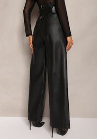 Renee - Czarne Szerokie Spodnie High Waist z Ekoskóry i Paskiem Phyphne. Stan: podwyższony. Kolor: czarny #4