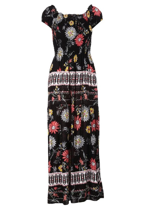 Born2be - Czarna Sukienka Alya. Kolor: czarny. Materiał: tkanina, materiał. Wzór: aplikacja, kwiaty. Długość: maxi