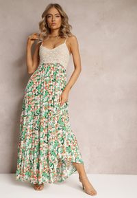 Renee - Zielona Wiskozowa Sukienka Maxi o Rozkloszowanym kroju na Cienkich Ramiączkach w Kwiaty Netela. Kolor: zielony. Materiał: wiskoza. Długość rękawa: na ramiączkach. Wzór: kwiaty. Długość: maxi #3