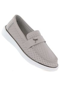 Skórzane mokasyny damskie szare Vinceza 93221. Kolor: szary. Materiał: skóra. Szerokość cholewki: normalna. Wzór: ażurowy #1