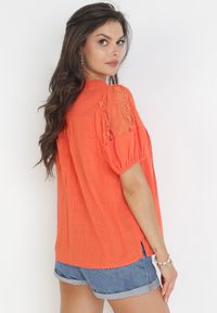 Born2be - Pomarańczowa Koszula Bawełniana z Krótkim i Bufiastym Rękawem Miria. Kolor: pomarańczowy. Materiał: bawełna. Długość: krótkie. Wzór: aplikacja