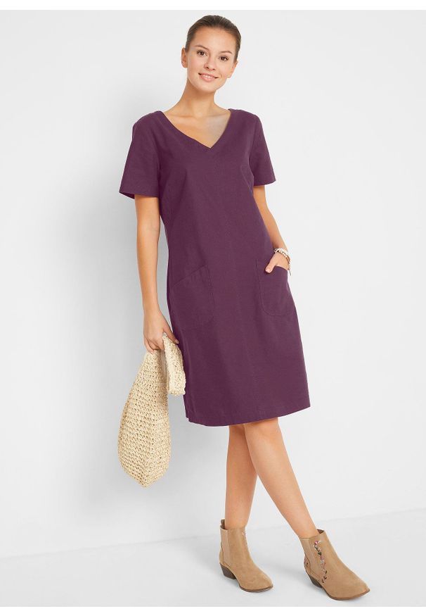 bonprix - Sukienka mini z lnem. Typ kołnierza: dekolt w serek. Kolor: fioletowy. Materiał: tkanina, len. Długość rękawa: krótki rękaw. Długość: mini
