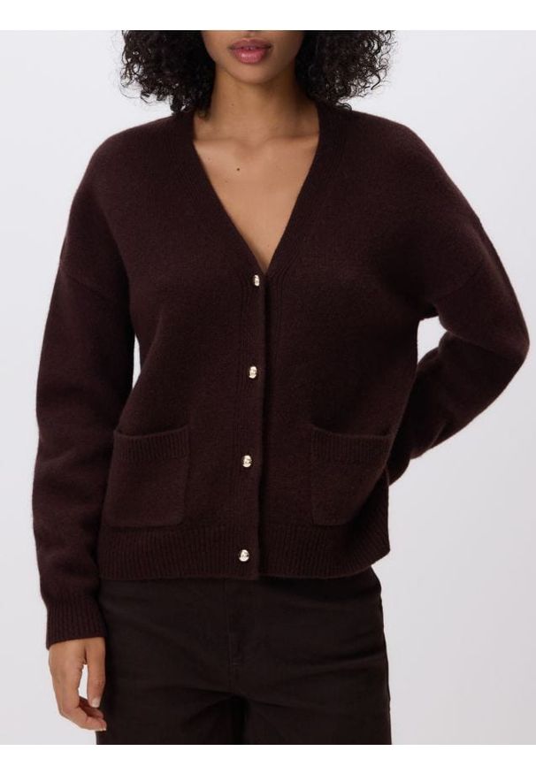 Reserved - Wełniany kardigan - ciemnobrązowy. Kolor: brązowy. Materiał: wełna