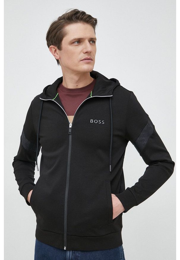 Boss Green - BOSS bluza BOSS GREEN męska kolor czarny z kapturem z aplikacją. Typ kołnierza: kaptur. Kolor: czarny. Wzór: aplikacja
