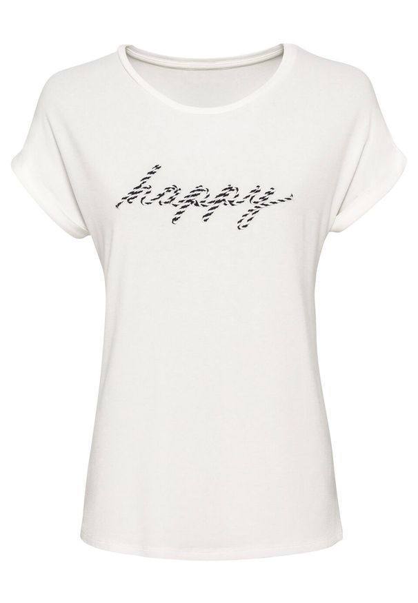 Shirt oversize z aplikacją bonprix biel wełny. Kolor: biały. Materiał: wełna. Wzór: aplikacja