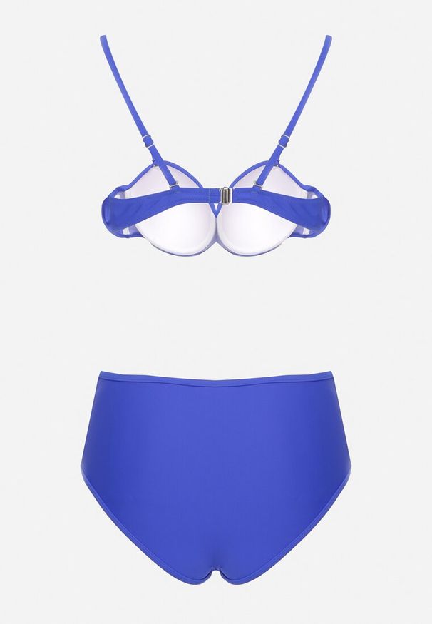 Renee - Niebieskie Bikini Biustonosz i Majtki Figi High Waist z Siateczkowymi Zdobieniami Kinovia. Stan: podwyższony. Kolor: niebieski. Wzór: aplikacja