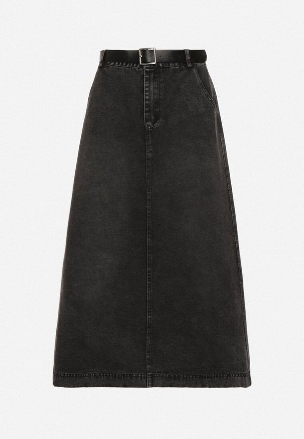 Born2be - Czarna Rozkloszowana Spódnica Jeansowa Maxi z Paskiem Triwisa. Kolor: czarny. Materiał: jeans. Długość: długie
