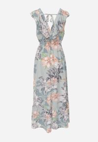 Born2be - Zielona Sukienka w Kwiaty o Rozkloszowanym Kroju z Falbanami i Wiązaniem Trelanie. Okazja: na co dzień. Kolor: zielony. Wzór: kwiaty. Styl: elegancki, casual #4