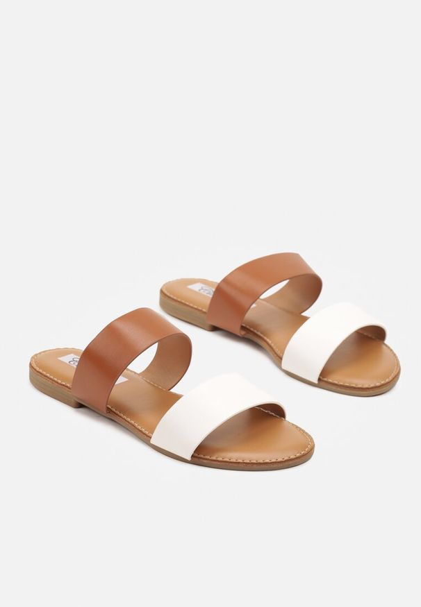 Born2be - Białe Minimalistyczne Klapki na Płaskiej Podeszwie z Podwójnym Paskiem Dorese. Okazja: na plażę, na spacer. Kolor: biały. Materiał: len. Wzór: ażurowy. Sezon: lato. Obcas: na płaskiej podeszwie