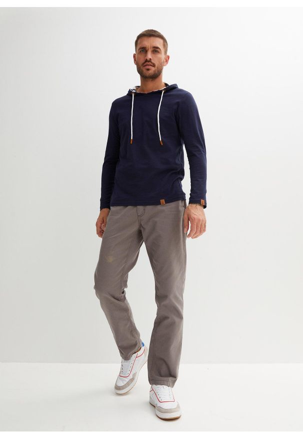 bonprix - Shirt z długim rękawem i kapturem, z bawełny organicznej. Kolor: niebieski. Materiał: bawełna. Długość rękawa: długi rękaw. Długość: długie. Wzór: paski