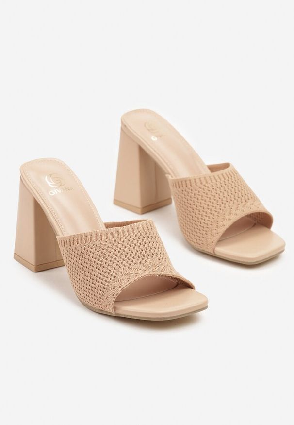 Renee - Beżowe Klapki na Słupku Ozdobione Plecionką Aluienna. Okazja: na co dzień. Kolor: beżowy. Materiał: jeans. Wzór: aplikacja. Obcas: na słupku. Styl: casual, elegancki. Wysokość obcasa: średni